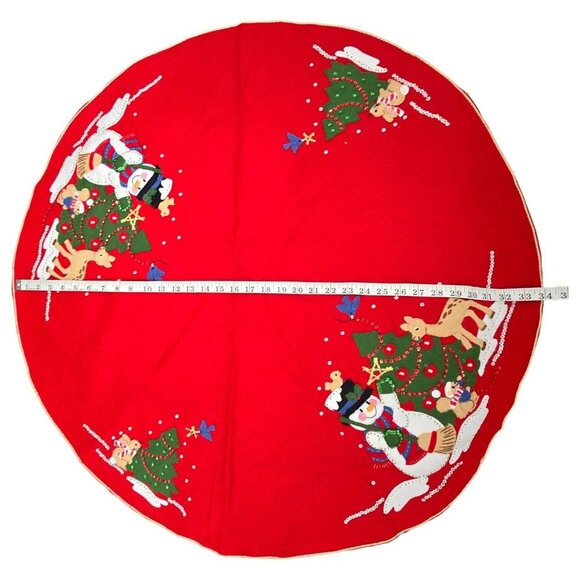 Vtg Red Felt Christmas Tree Skirt 34" Snowman Reindeer Sequin Embroidery Decor - Picture 11 of 12